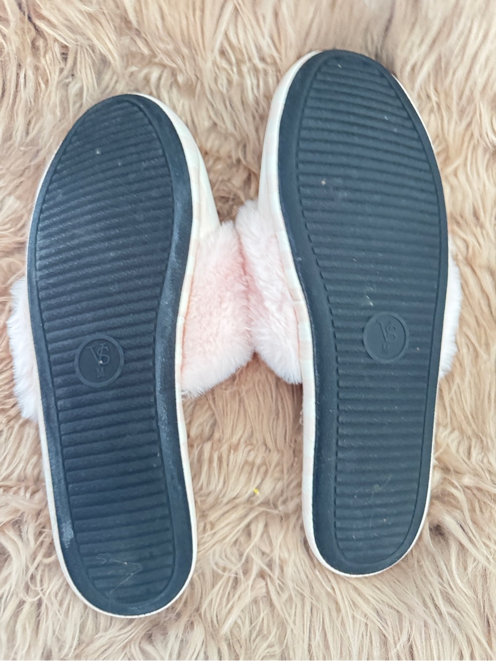 Victoria's Secret Light Pink Striped Plush Slide Slippers, Faux Fur Sz M 7/8 - Picture 7 of 8